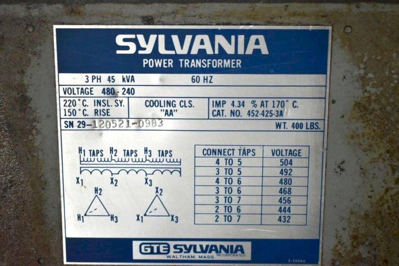 45 KVA 480V 3 PHASE SYLVANIA TRANSFORMER: YOBRO #24562