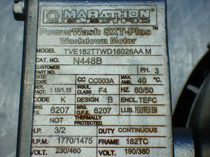 MARATHON ELECTRIC 3/2HP. 1770/1475RPM POWERWASH SXT-PLUS WASHDOWN MOTOR  -  TVE182TTWD16026