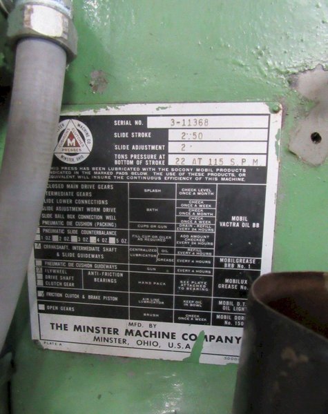 22 TON MINSTER NO 3 OBI FLYWHEEL PRESS. STOCK # 0773725