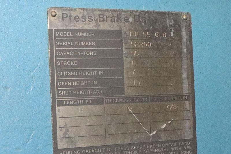 55 Ton x 8 Ft NIAGARA Hydraulic Press Brake, Model HD55-6-8