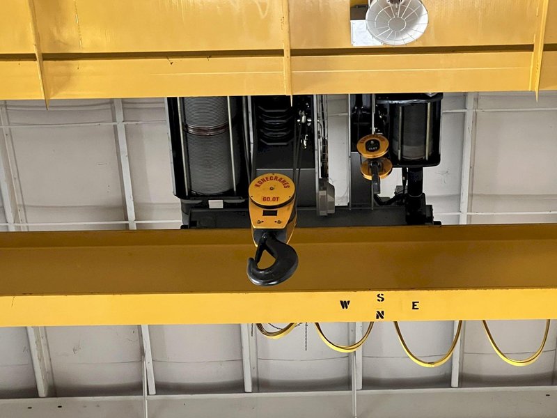 60 TON (10T AUX) x 36' KONE 8-WHEEL DOUBLE GIRDER OVERHEAD BRIDGE CRANE: STOCK #18375