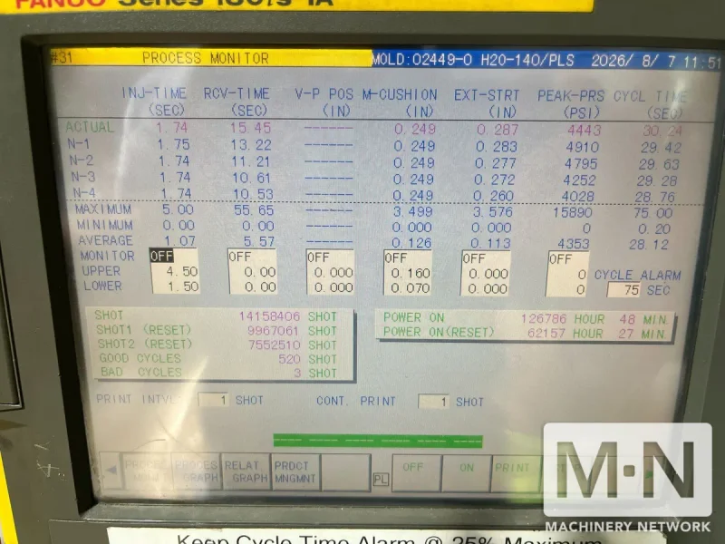 165 TON 8.8 OZ CINCINNATI ROBOSHOT MODEL R165 ELECTRIC INJECTION MOLDING MACHINE MFG 1999