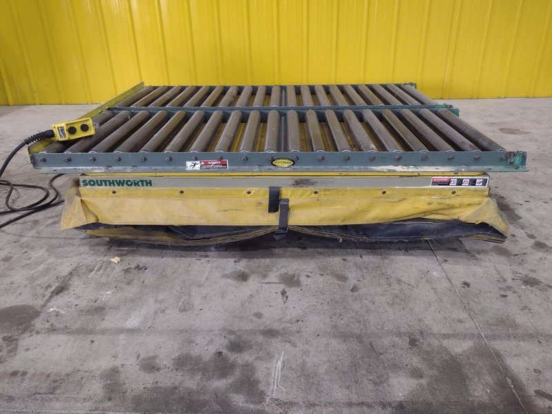 3,500 LBS X 48" X 48" SOUTHWORTH MODEL #LS4-36 HYDRAULIC SCISSOR LIFT TABLE WITH 60X48 ROLLER CONVEYOR TOP, 110 VOLT: STOCK #20924