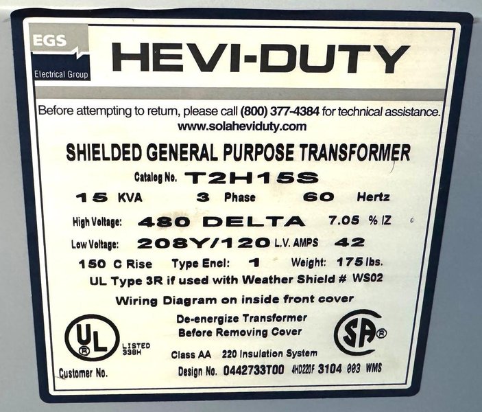 15 KVA HEVI-DUTY Transformer, HV 480, LV 208Y/120, 3 Phase