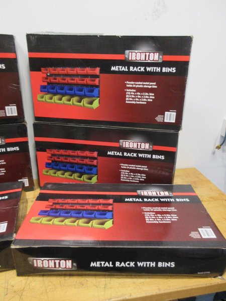 Ironton Metal Wall Mount Racks with Plastic Storage Bins, (6 kits) **New In Boxes**- Auction Item