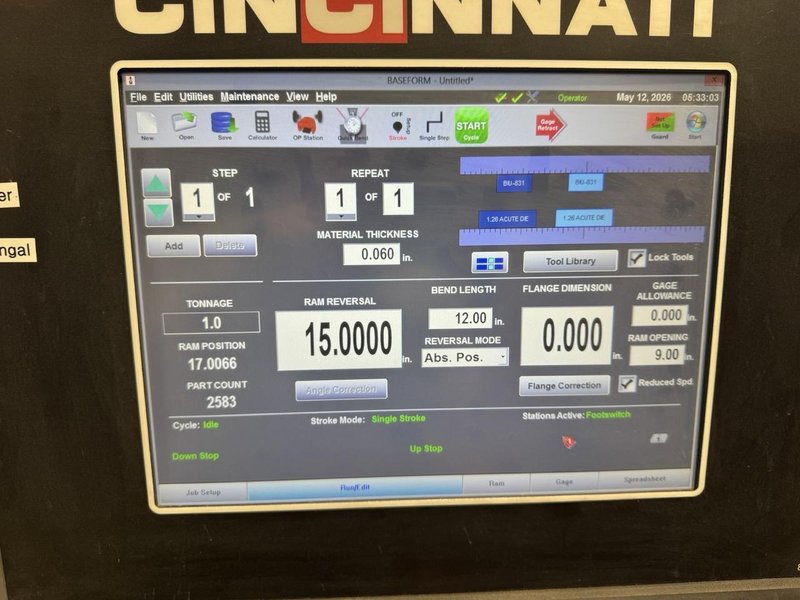 175 Ton x 10′ Cincinnati Hydraulic CNC Press Brake, 2020 – Baseform Press Brake w/ Touchscreen Control, CNC Crowning &amp; Multi-Axis Backgauge