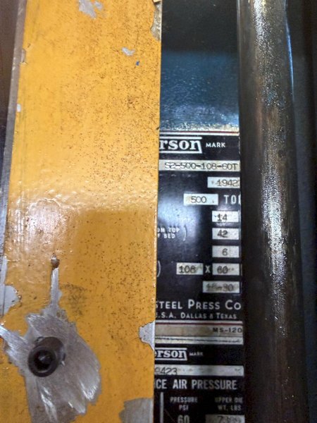 500 TON VERSON S2-500-108-60T STRAIGHT SIDE DOUBLE CRANK PRESS. STOCK # 0329626