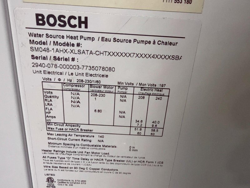 BOSCH WATER SOURCE HEAT PUMP   -  SM060-1AHX-XLSATA-CHTX