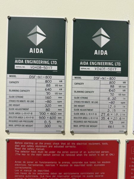 88 TON AIDA DSF-N1-800 GAP FRAME SERVEPRO SERVO PRESS 6.3" STROKE. STOCK # 0431426