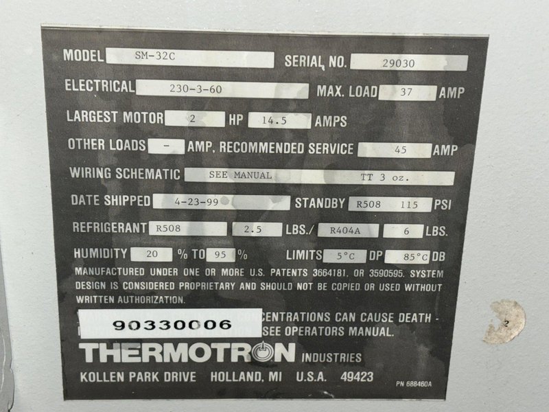 -73* TO 204* C 1999 THERMOTRON MODEL #SM-32C ENVIRONMENTAL TEST CHAMBER WITH HUMIDITY: STOCK #14739