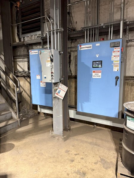 2021 Inductotherm melt system with 2- traveling charge feeders with scales, Inductotherm type 3000 DT-2 ACF-2 3000 kw power supply rated at 300 h. s/n 21H-381478-246-11 interconnecting buss and cables, 2- 4metric steel shell furnaces with stands, hydraulic system , water system with twin 50hp pumps, 2021 Emsco model Hypro 25 stainless steel heat exchanger , related piping, controls, remote operators stand, related controls, lining pushout, Sonmez incoming power transformer type HTYAA3KH-326623 s/n 15729 rated at 3260-4025 KVA, 12,470 volt primary volts, 2x575 secondary volts, spare incoming transformer same as above s/n 15364