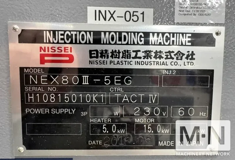 88 TON 1.2 OZ NISSEI MODEL NEX80III-5EG ELECTRIC INJECTION MOLDING MACHINE MFG 2018