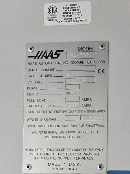 Haas UMC-750 5-Axis CNC Universal Machining Center – 12,000 RPM, 40 ATC, TSC, HSM Mill