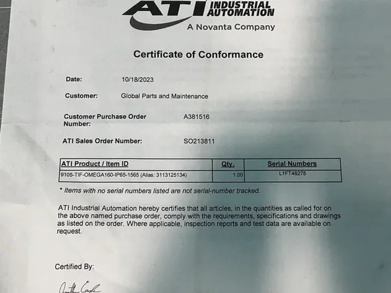 ATI 6-AXIS FORCE/TORQUE TRANSDUCER  -  9105-TIF-OMEGA160-IP65-1565