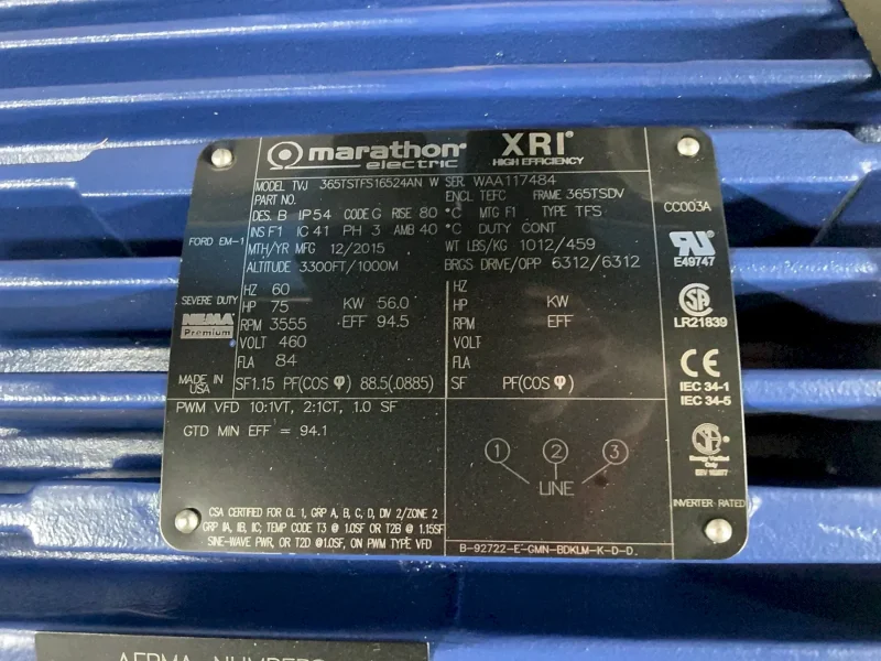 MARATHON 75 HP MOTOR  -  TVJ 365TSTFS16524AN W