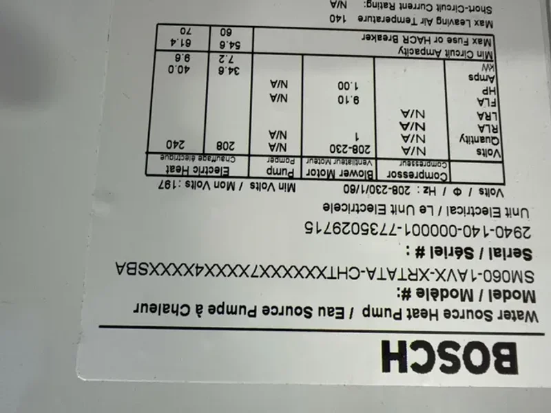 Bosch Water Source Heat Pump - Sm060-1avx-xrtata-chtx