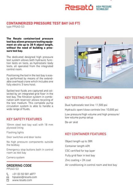40' RESATO CONTAINERIZED HIGH PRESSURE TEST BAY W/ 3 TON YALE HOIST SYSTEM: YOBRO #25867