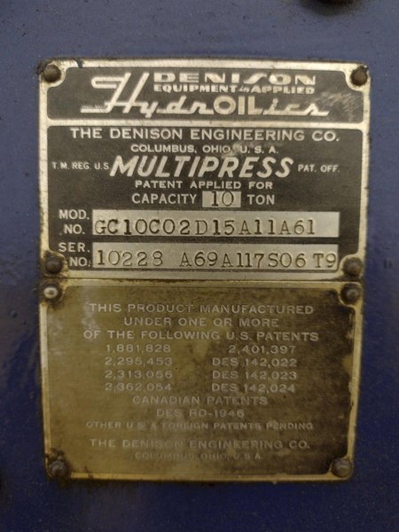 10 TON DENISON C FRAME HYDRAULIC PRESS: STOCK #22790