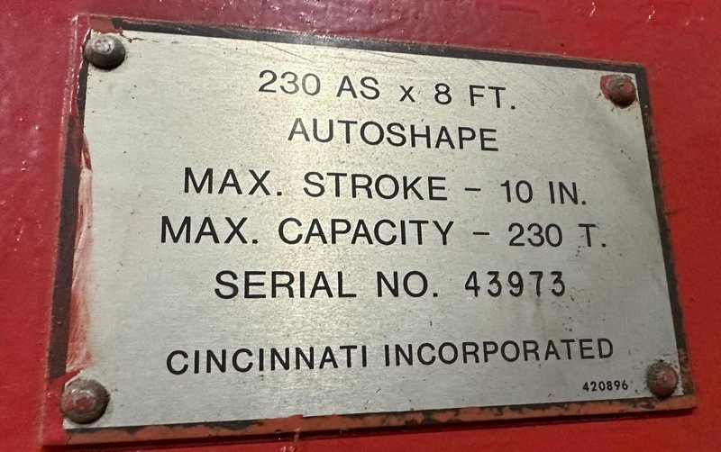 230 TON X 10&#039; CINCINNATI MODEL #230-8AS HYDRAULIC CNC PRESS BRAKE W/ UPGRADED CONTROLS: STOCK #19386