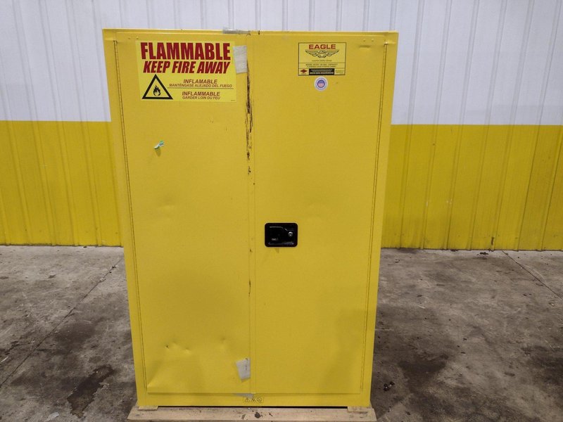 45 GALLON X 2 DOOR EAGLE FLAMMABLE MATERIALS MODEL #4510X STORAGE CABINET, 43” X 18” X 65” HIGH: YOBRO  #22012