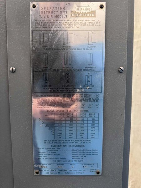 30" KALAMAZOO MODEL 30-R-10 STARTRITE VERTICAL BANDSAW: STOCK #80748