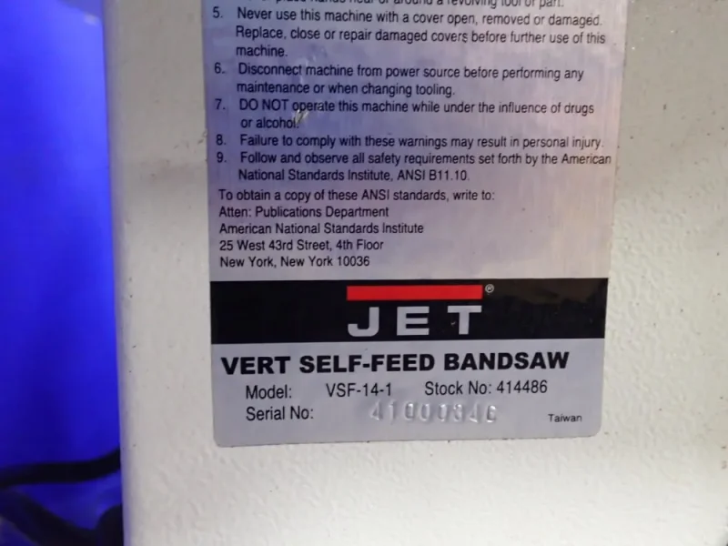 JET 18" X 30" VERTICAL SELF-FEED BAND SAW   -  VSF-14-1