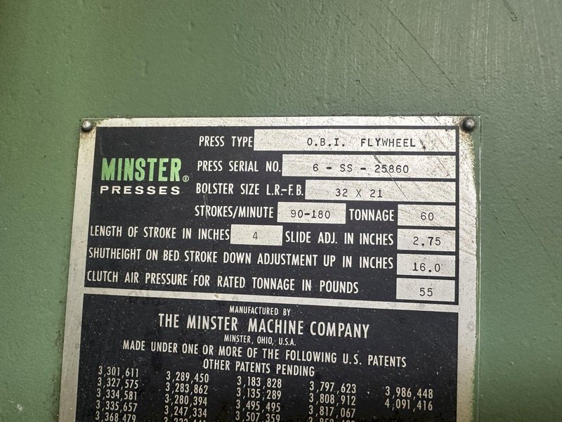 60 TON MINSTER BACK GEARED OBI PRESS: STOCK #76281