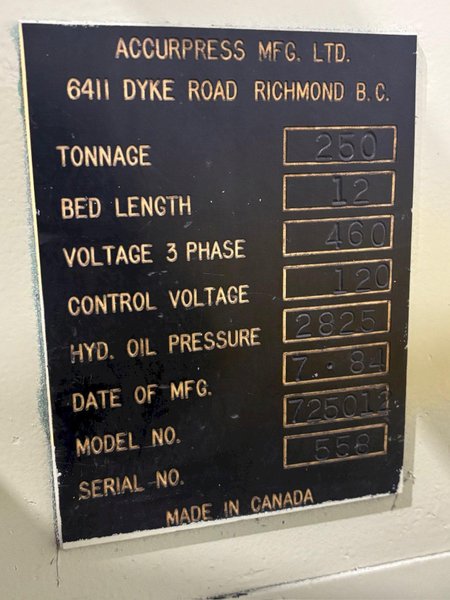 250 TON X 12' ACCURPRESS MODEL #725012 HYDRAULIC PRESS BRAKE: YOBRO #24251