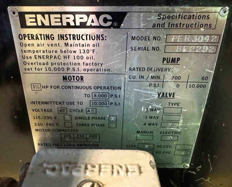 50 Ton Enerpac H-Frame Hydraulic Press, 28" B.H., Adj. Bed, 1.5 HP, 1 Phase