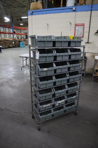 Rolling Wire Rack, (7) Shelves with Plastic Bins 36"x14"x55"- Auction Item