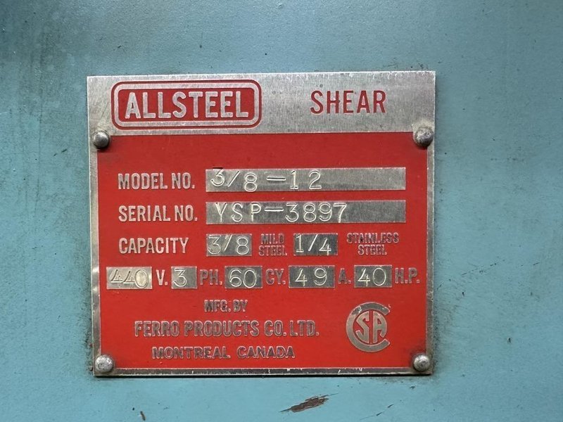 12&#039; X 3/8&quot; ALLSTEEL MODEL #3/8-12 HYDRAULIC SHEAR: YOBRO #24250