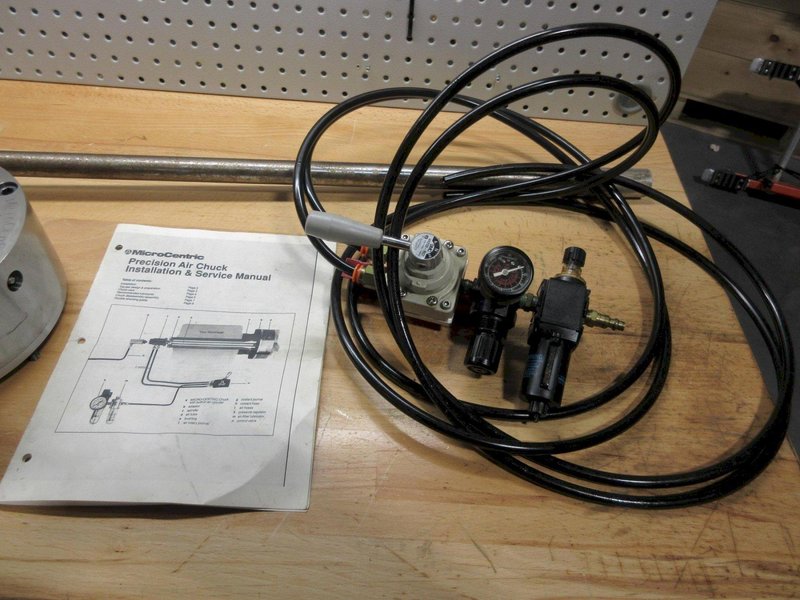 MicroCentric 8" Precision 3-Jaw Air Chuck with Drawtube, Pneumatic Valve, and A2-6 Adapter Plate- Auction Item