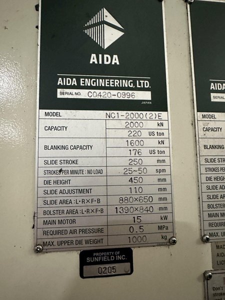220 TON AIDA GAP FRAME PRESS