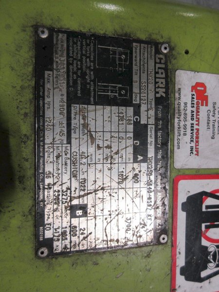 Clark Model TMX20 Electric Forklift 3700 lb Capacity, Charger- Auction Item