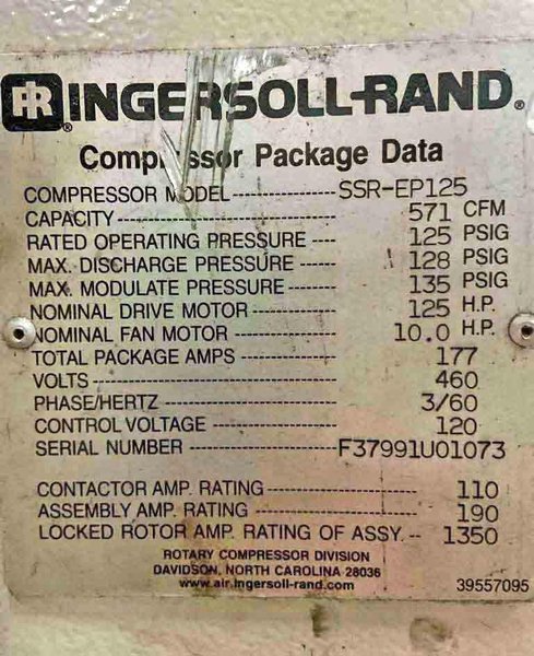 Air Compressor, Ingersoll-Rand, 125 HP