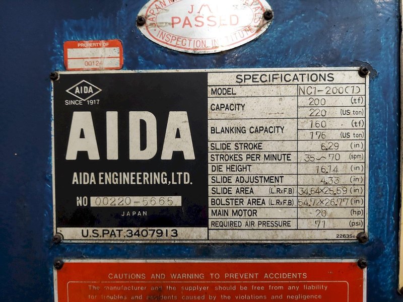 200 ton Aida NC1-200(1) Used Single Crank Mechanical Metal Stamping  OBS Press For Sale, Rebuild in Process 2025!