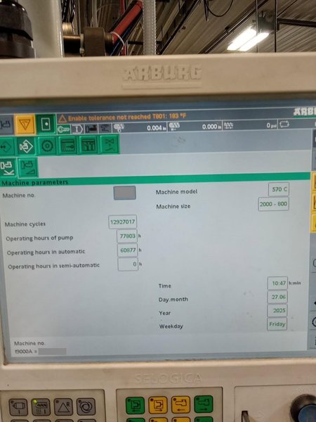 225 Ton 19.9 oz Shot Size Arburg 570C 2000-800 Injection Molding Machine, 2007