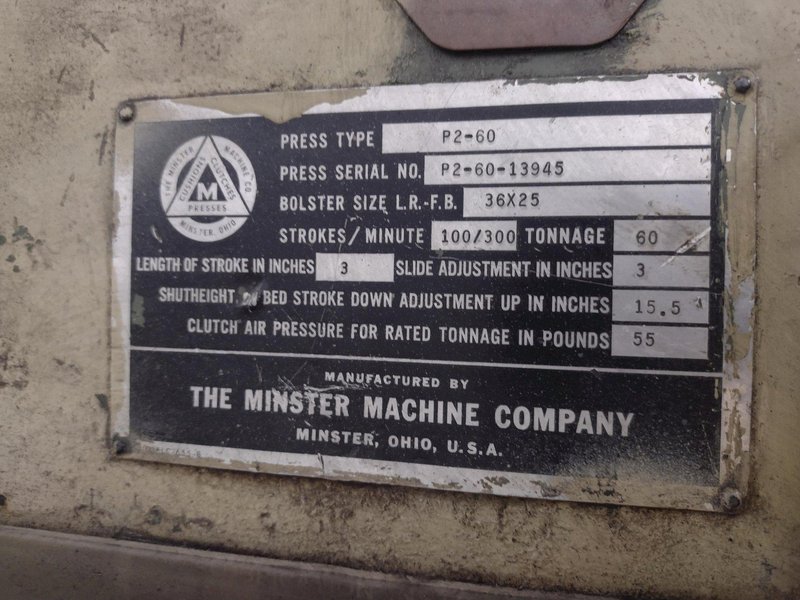 60 TON MINSTER MODEL #P2-60-36 PIECEMAKER SSDC STAMPING PRESS, 3" STROKE &amp; 100/300 SPM: YOBRO #25761