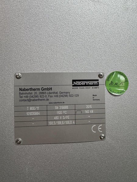 New in box 2015 Nabertherm model t800 electric resistance bale out type furnace rated to 1100 degree C, BU 1800 crucible, 1800 kg. capacity in Al., 140 KW, with controls and elements