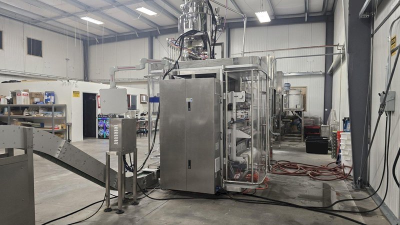 Samfull SF-720-8 8 Lane Liquid Stick Pack Machine with Counter, Cartoner, 1000L Homogenizing Mixer and Transfer Pump, 2024 – Complete Liquid Stick Pack Processing and Packaging Line