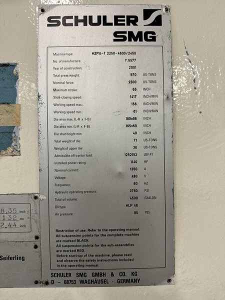 2500 TON SCHULER SMG HZPU-T-2250-4600/2450 HYDRAULIC PRESS. STOCK # 0902224