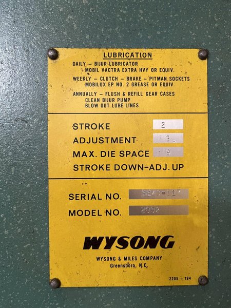 20 TON x 52" WYSONG MODEL #2052 MECHANICAL PRESS BRAKE WITH HURCO BACK GAUGE: STOCK 17100