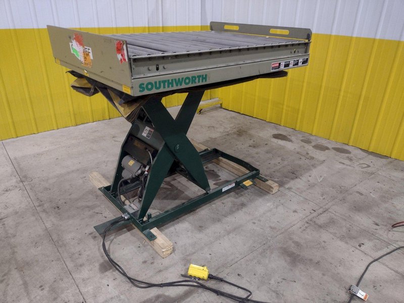 3800 LBS X 60" X 42" SOUTHWORTH MODEL #LS4-36 HYDRAULIC SCISSOR LIFT TABLE WITH ROLLER TOP, 110 VOLT: STOCK #20887