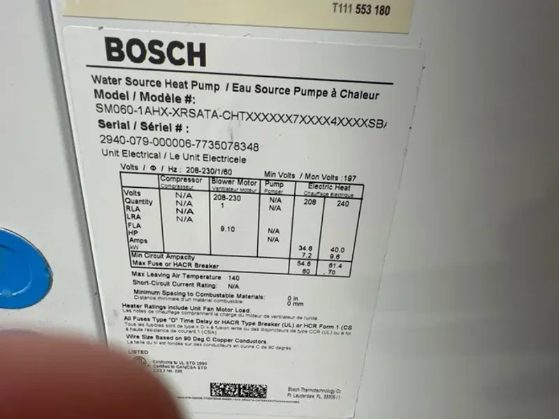 BOSCH WATER SOURCE HEAT PUMP  -  SM060-1AHX-XRSATA-CHTX