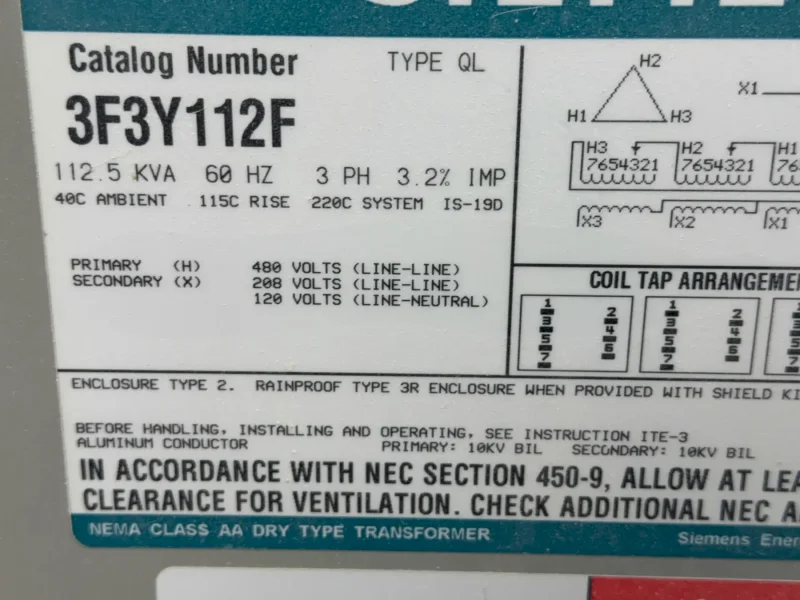 SIEMENS 112.5 KVA TRANSFORMER  -  3F3Y112F