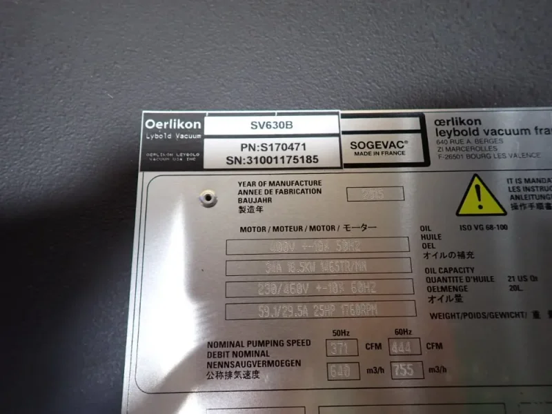OERLIKON LEYBOLD 25 HP VACUUM PUMP  -  SV630B