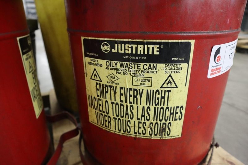 Oily Waste Containers, (3) Just-Rite 10 Gallon Foot Lever Operated, (2) Galvanized Cans With Lids, (1) Plastic Can- Auction Item