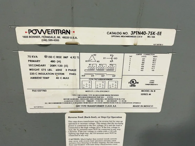 POWERTRAN 75 KVA TRANSFORMER   -  3PTN40-75K-EE