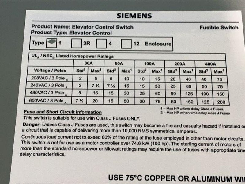 Siemens Elevator Disconnect Power Module Switch - Ecs1t1r1rf3nb