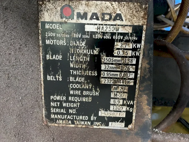 AMADA 12” X 27.5” HORIZONTAL BAND SAW  -  HA250W